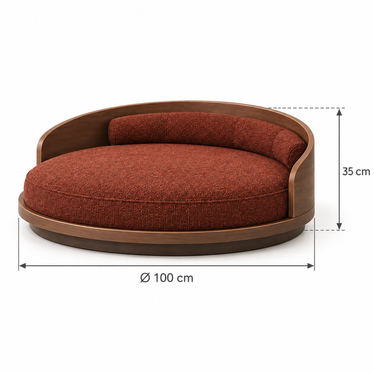Orbit round walnut dog bed with rust-brown upholstery, showing an overall diameter of 100 cm and height of 35 cm on a white background.