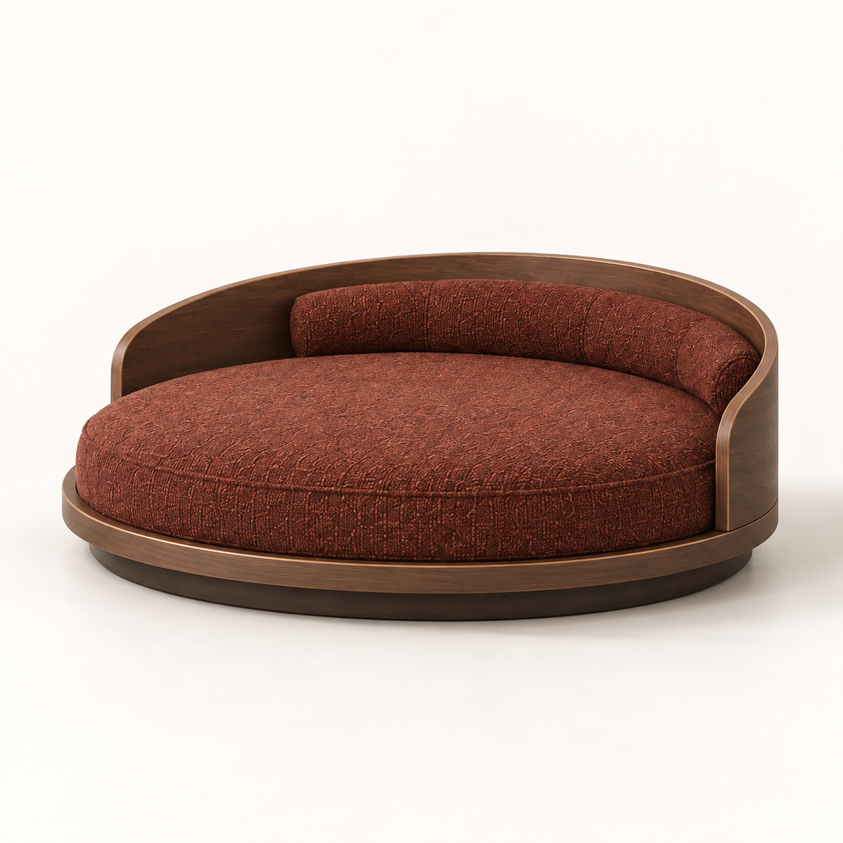 Orbit round dog bed with a curved walnut frame and rust-brown upholstered cushion, shown on an ivory background.
