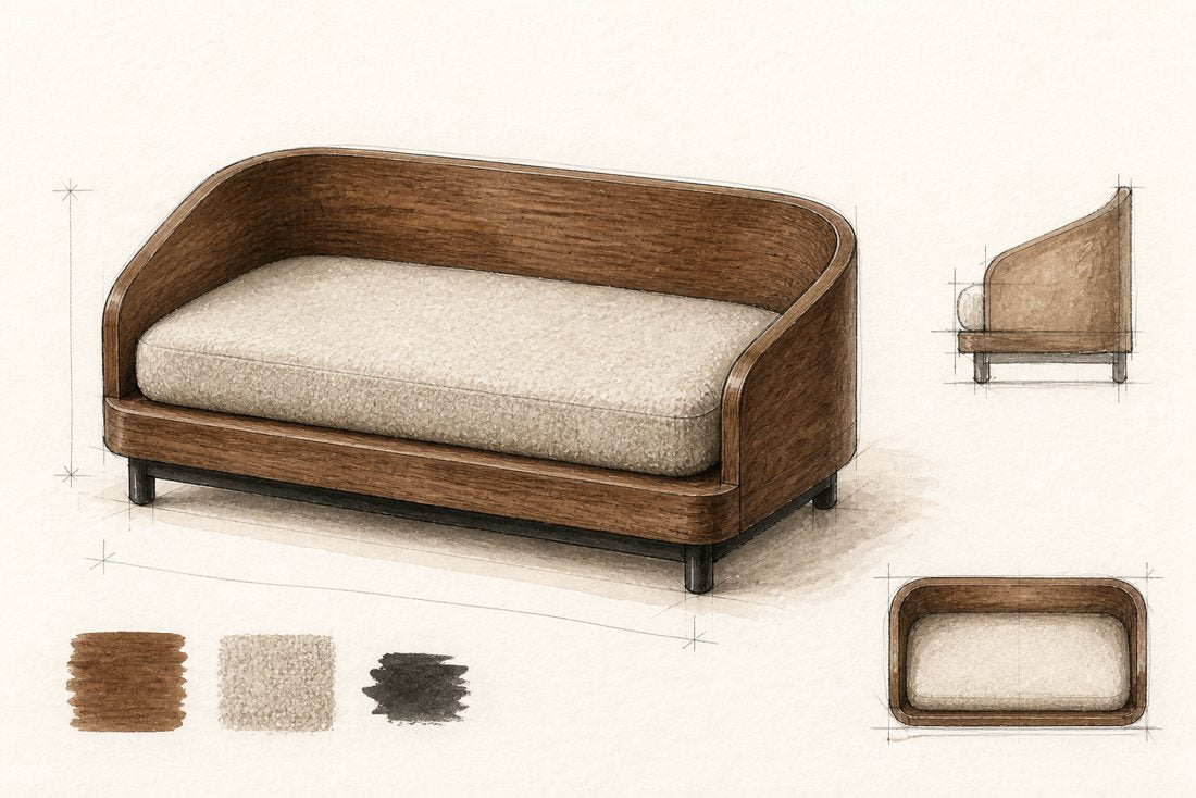 Cove Lounge design drawing, watercolour with elevations, dimensions and finish swatches