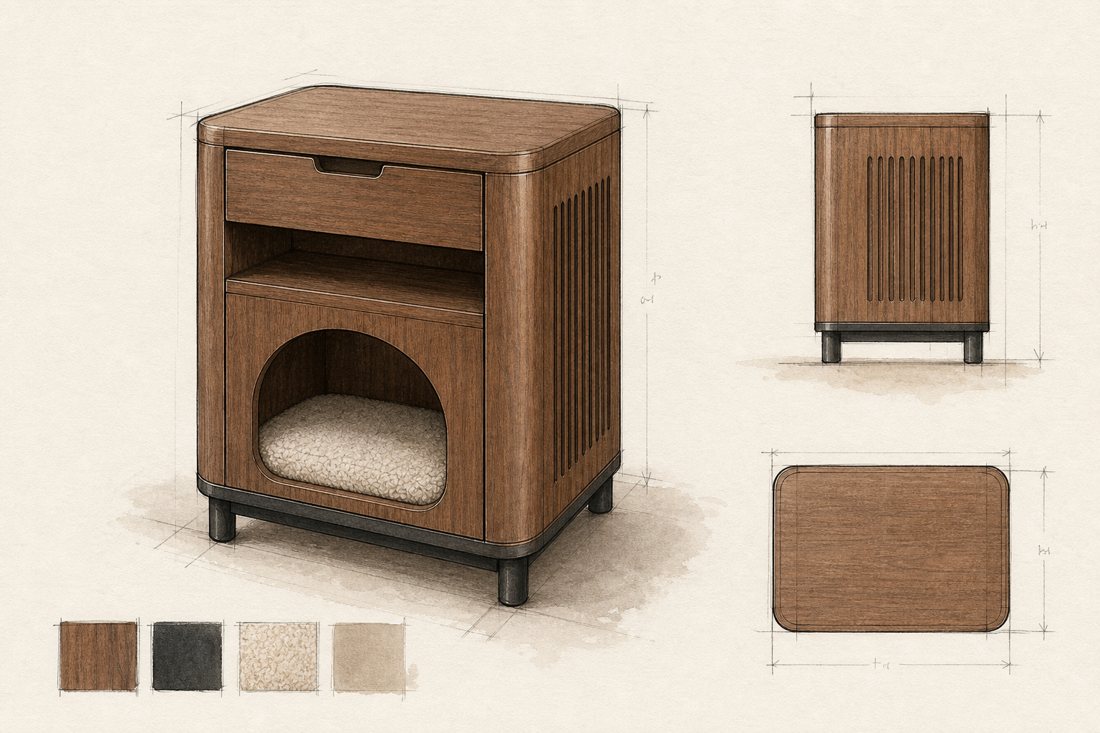 Mira Bedside Nest design drawing, watercolour with elevations, dimensions and finish swatches