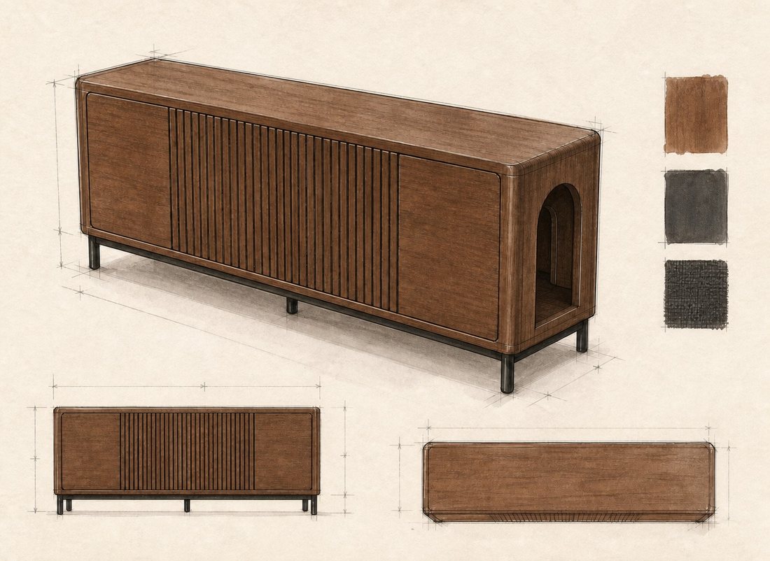 Noor Buffet design drawing, watercolour with elevations, dimensions and finish swatches