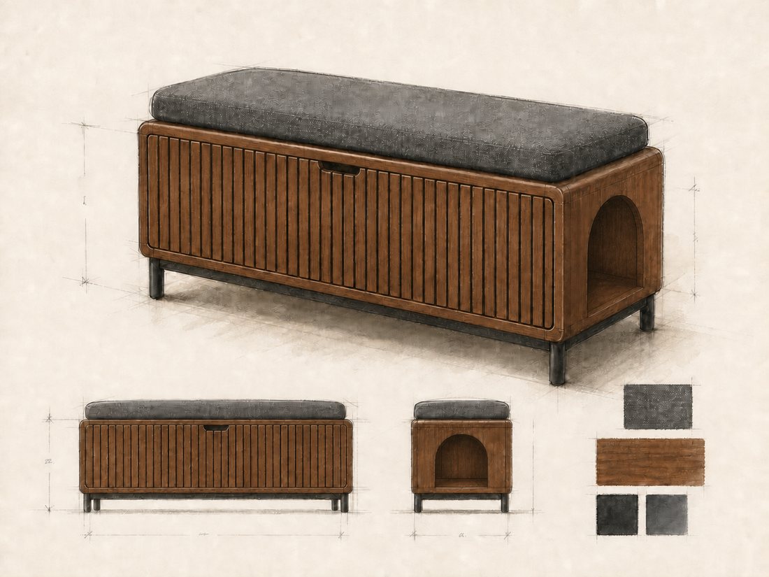 Reed Bench design drawing, watercolour with elevations, dimensions and finish swatches