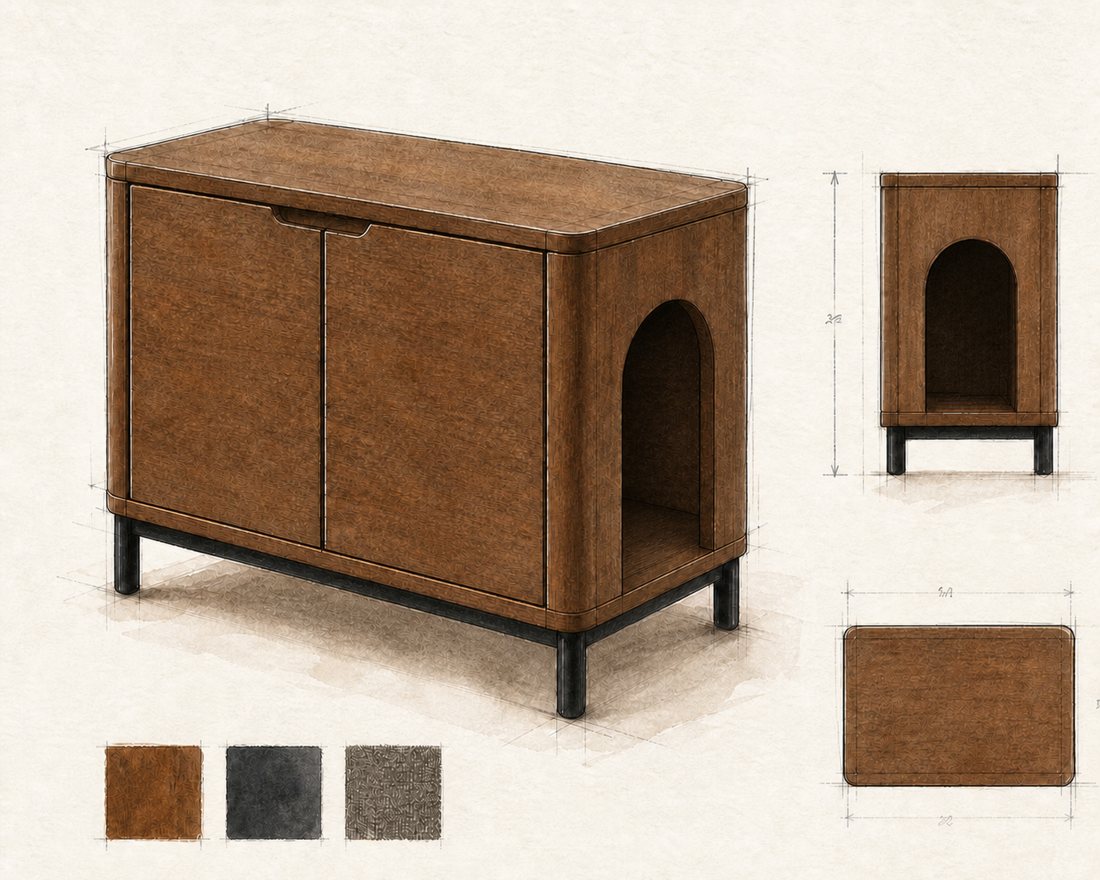 Sable Console design drawing, watercolour with elevations, dimensions and finish swatches