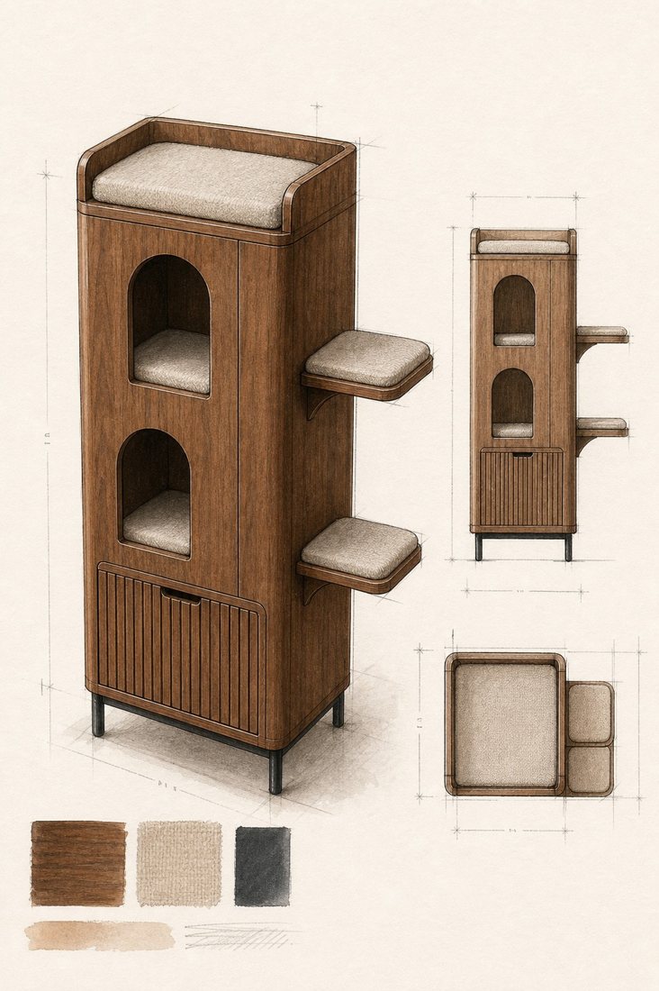 Sia Window Tower design drawing, watercolour with elevations, dimensions and finish swatches