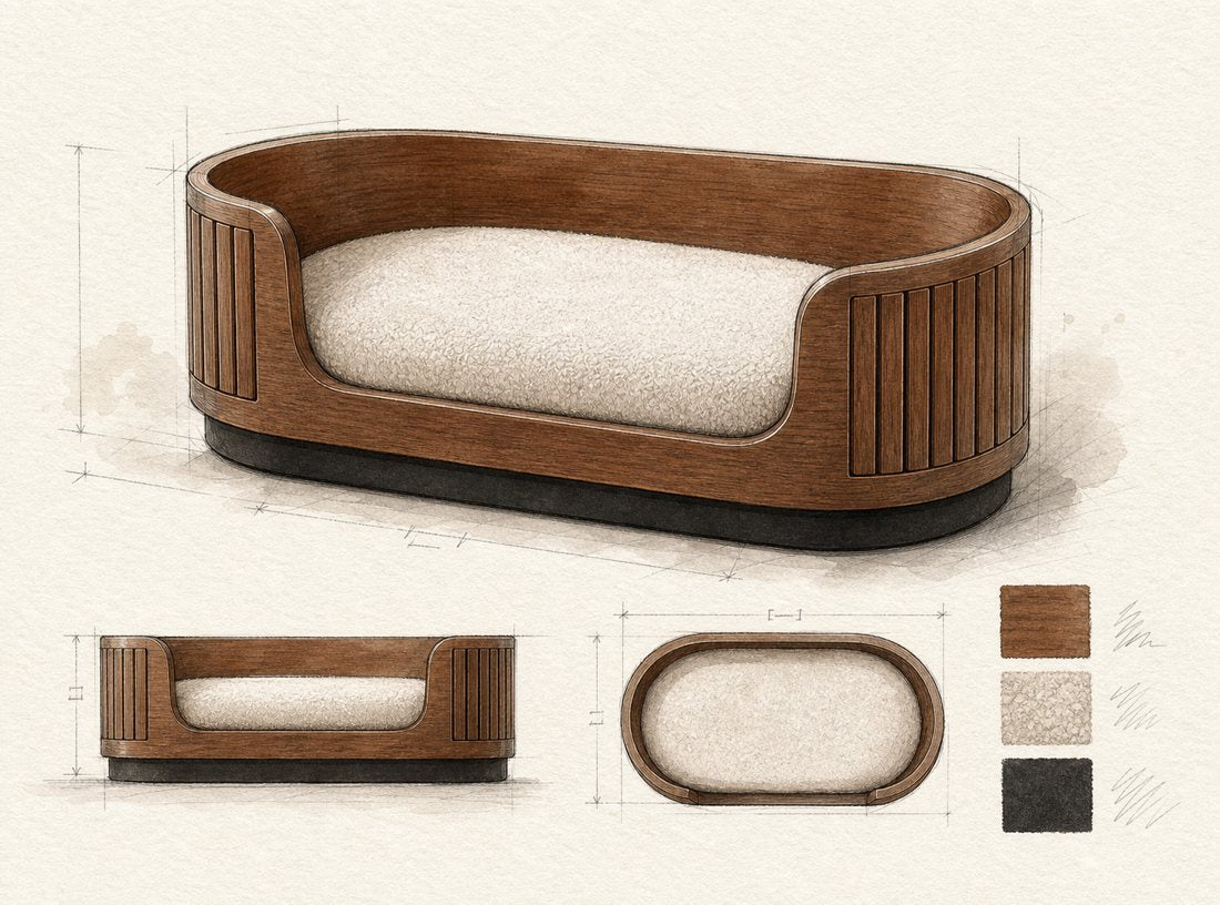 Vale Lounge design drawing, watercolour with elevations, dimensions and finish swatches